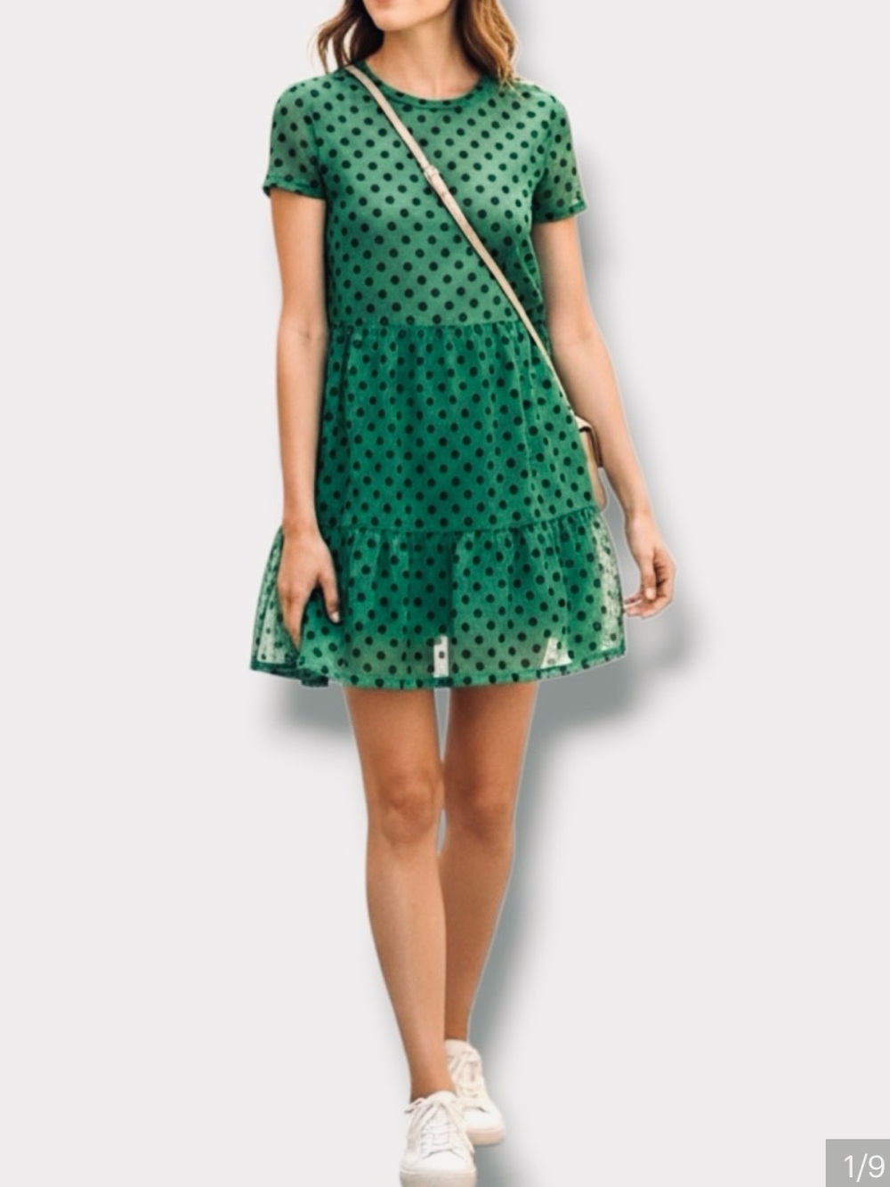 NWOT Zara Polka Dot Short Sleeve Tiered Dress in Green with Black Size Small